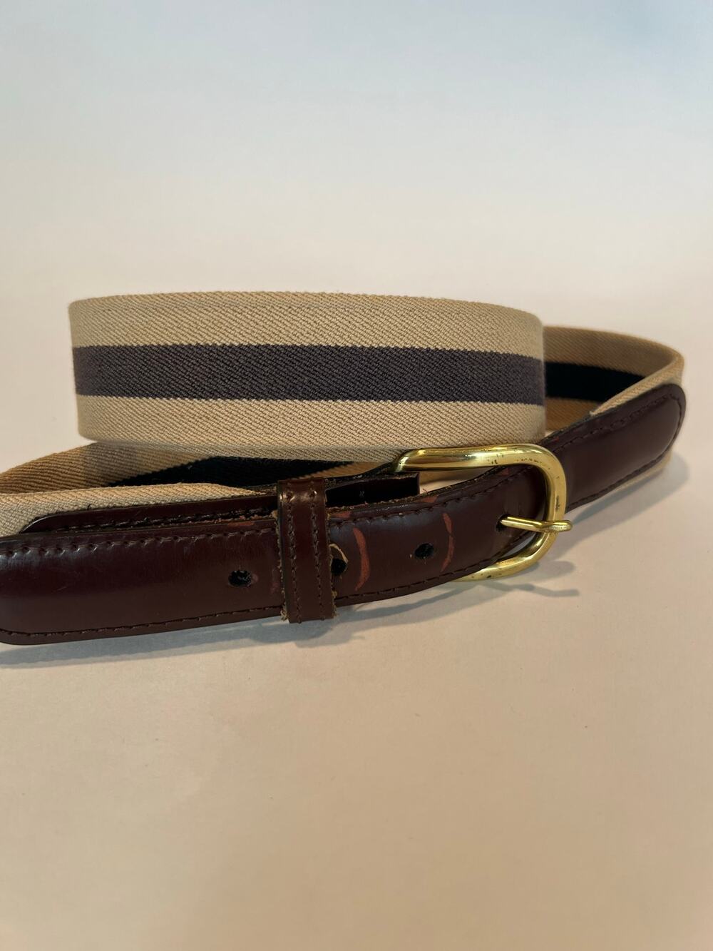 Vintage Leather & Fabric Belt Solid Brass Tan Blue 38 SG